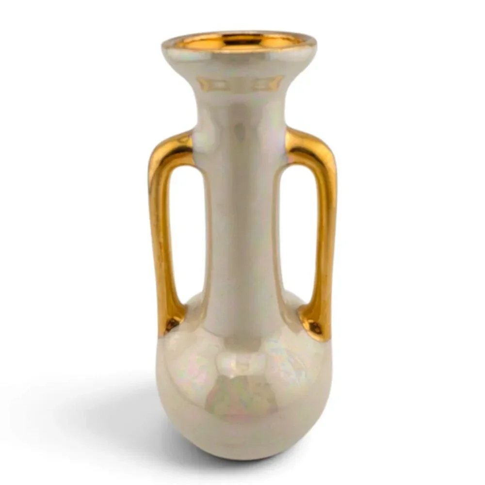 Vintage 1940s 50s Iridescent Luster Amphora Vase Gold Trim Double Handle 6.25